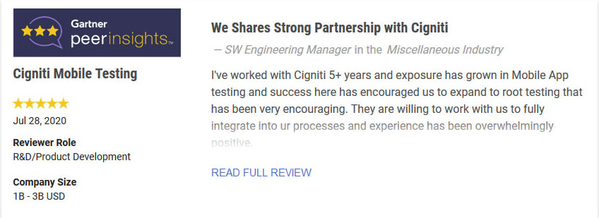 Testimonial-Mobile-Testing Cigniti Mobile App Testing Review