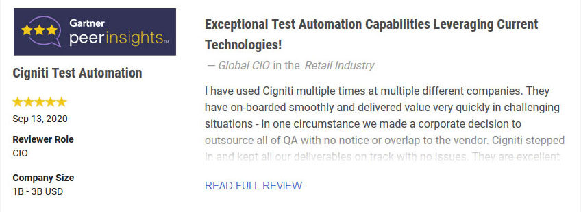 Testimonial Test Automation Test Automation - Testimonial - Cigniti Technologies
